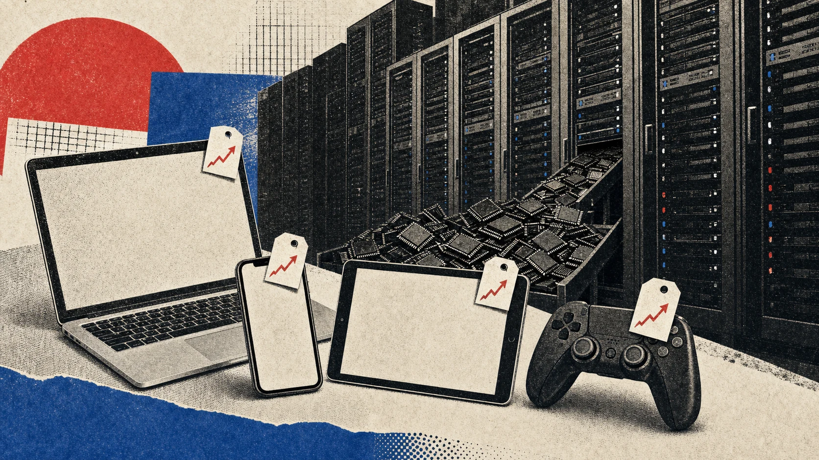 Everyday computers and phones with rising price tags in front of large data-center racks consuming memory chips