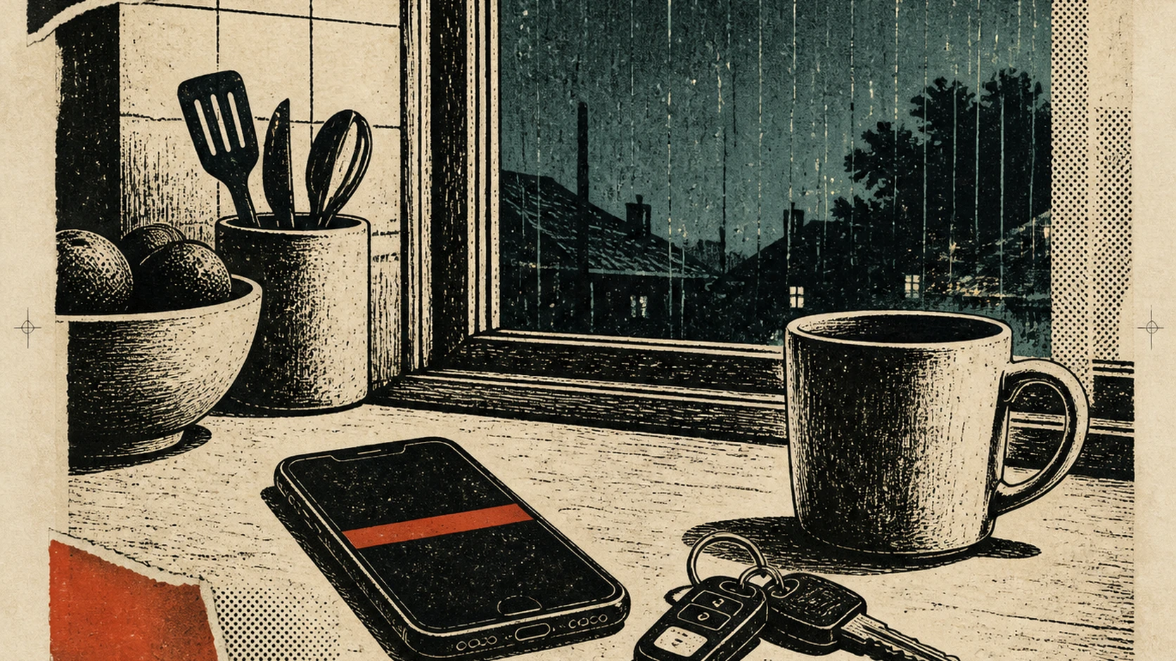 A phone on a kitchen counter beside car keys, its screen showing an alert while rain runs down the window behind it
