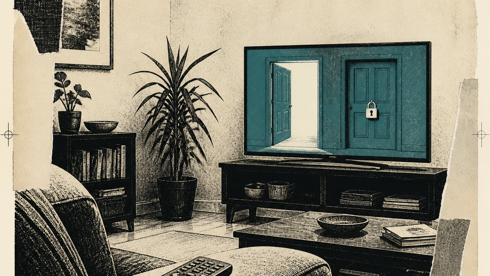 A television remote resting on a sofa arm while a glowing assistant panel on the screen shows one open door and one locked door