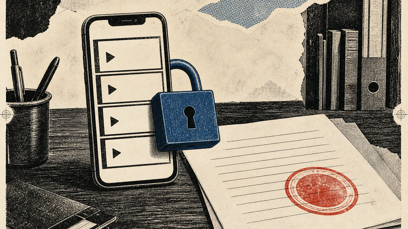 A phone showing a video feed with a padlock closing over the corner, watched by a regulator's stamp on paper