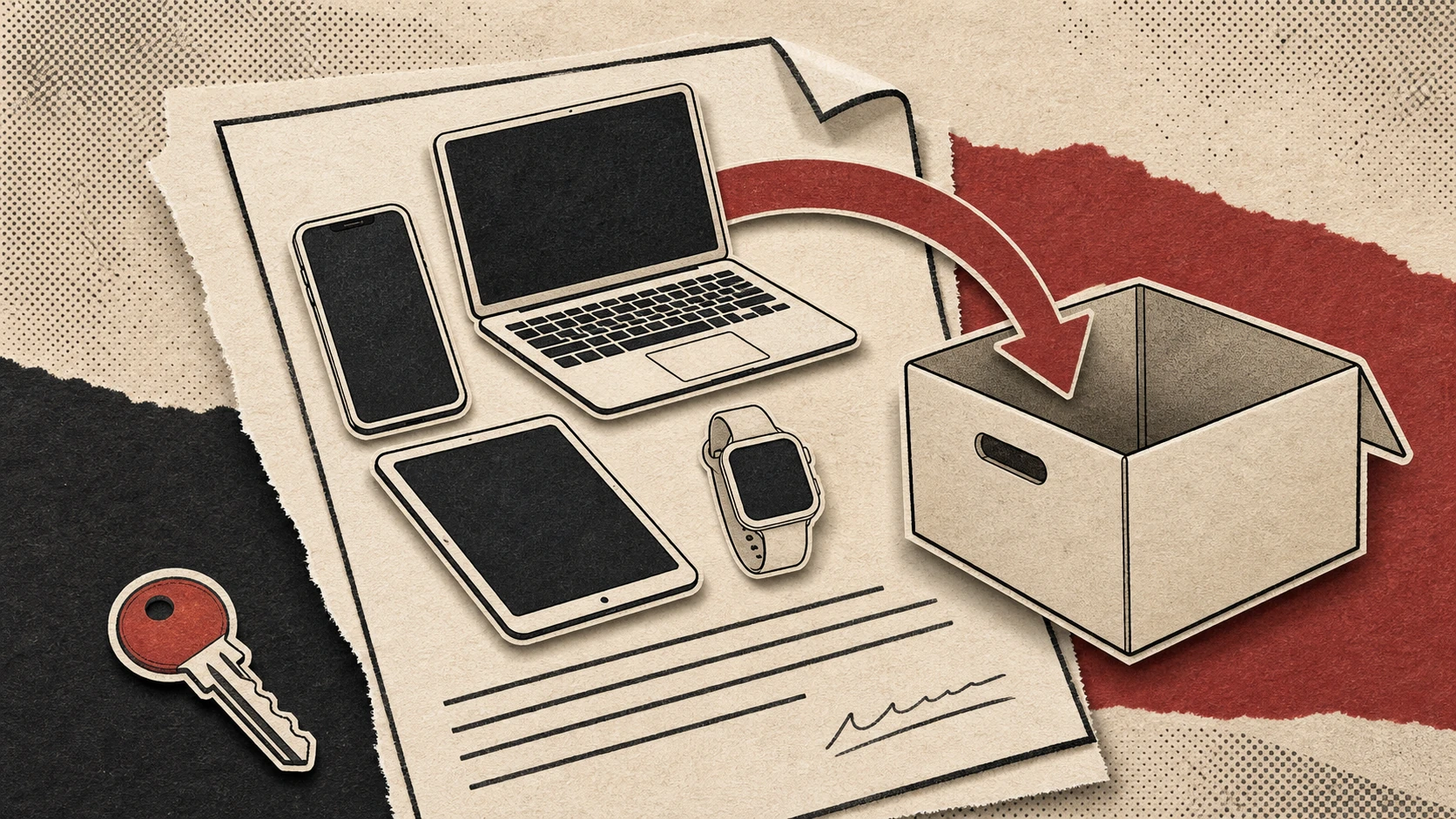 Paper cutouts of a phone, laptop, tablet and watch move from a contract into a return box while a key sits aside.