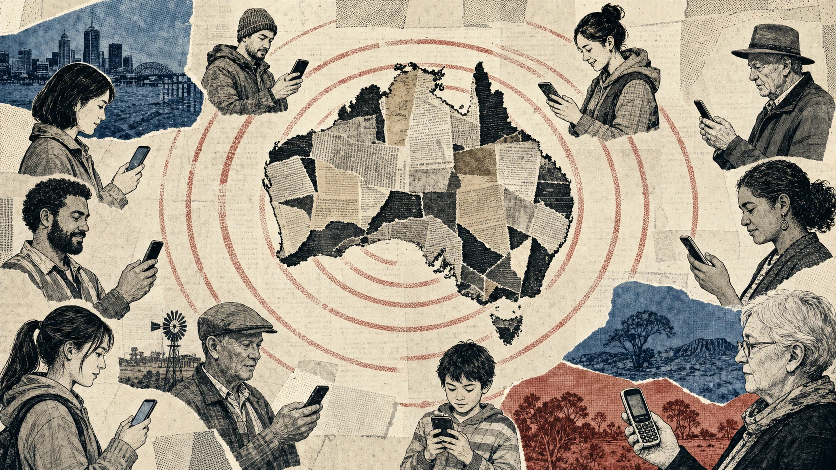 A newsprint map of Australia sends red alert waves to phones held by people of different ages.