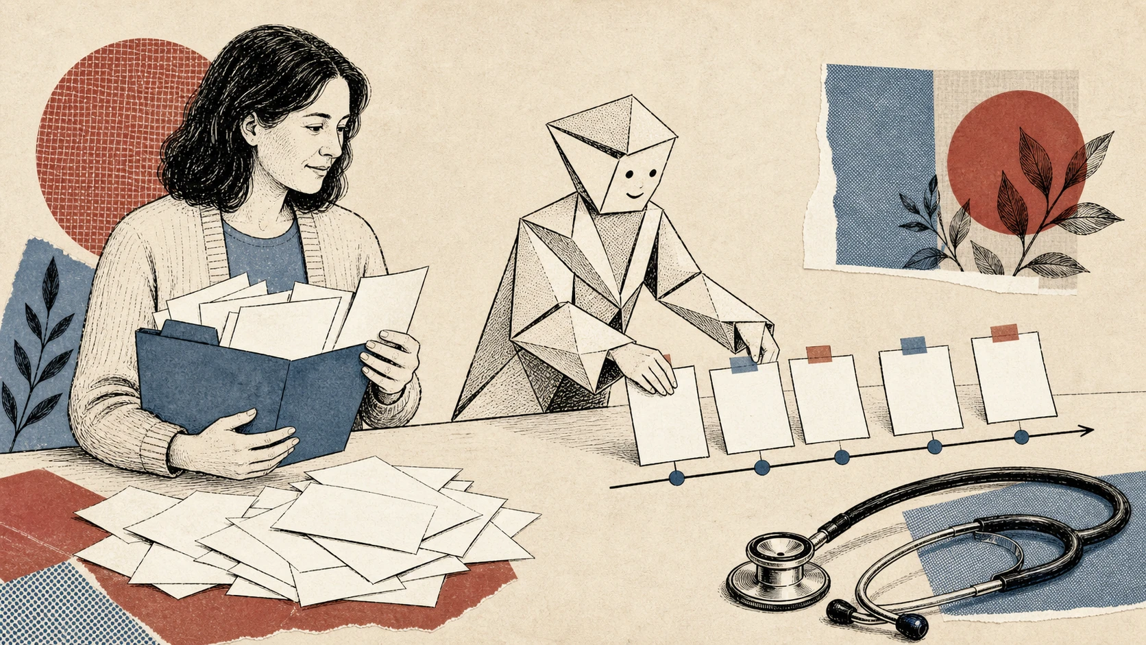 A patient and a folded-paper assistant organize scattered health records beside a clinician stethoscope.
