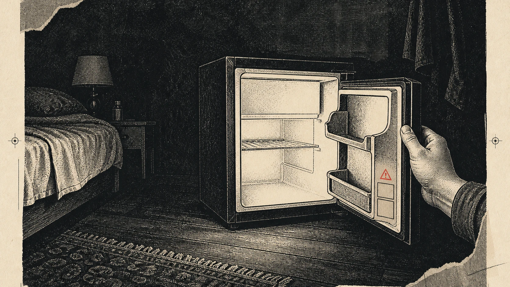 An open minifridge door showing a small label with a model and batch number, the room behind it dark except for the interior light