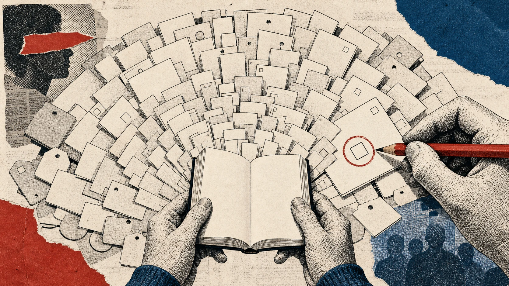 A small open dictionary releases a huge fan of blank consent cards while a hand circles one choice.
