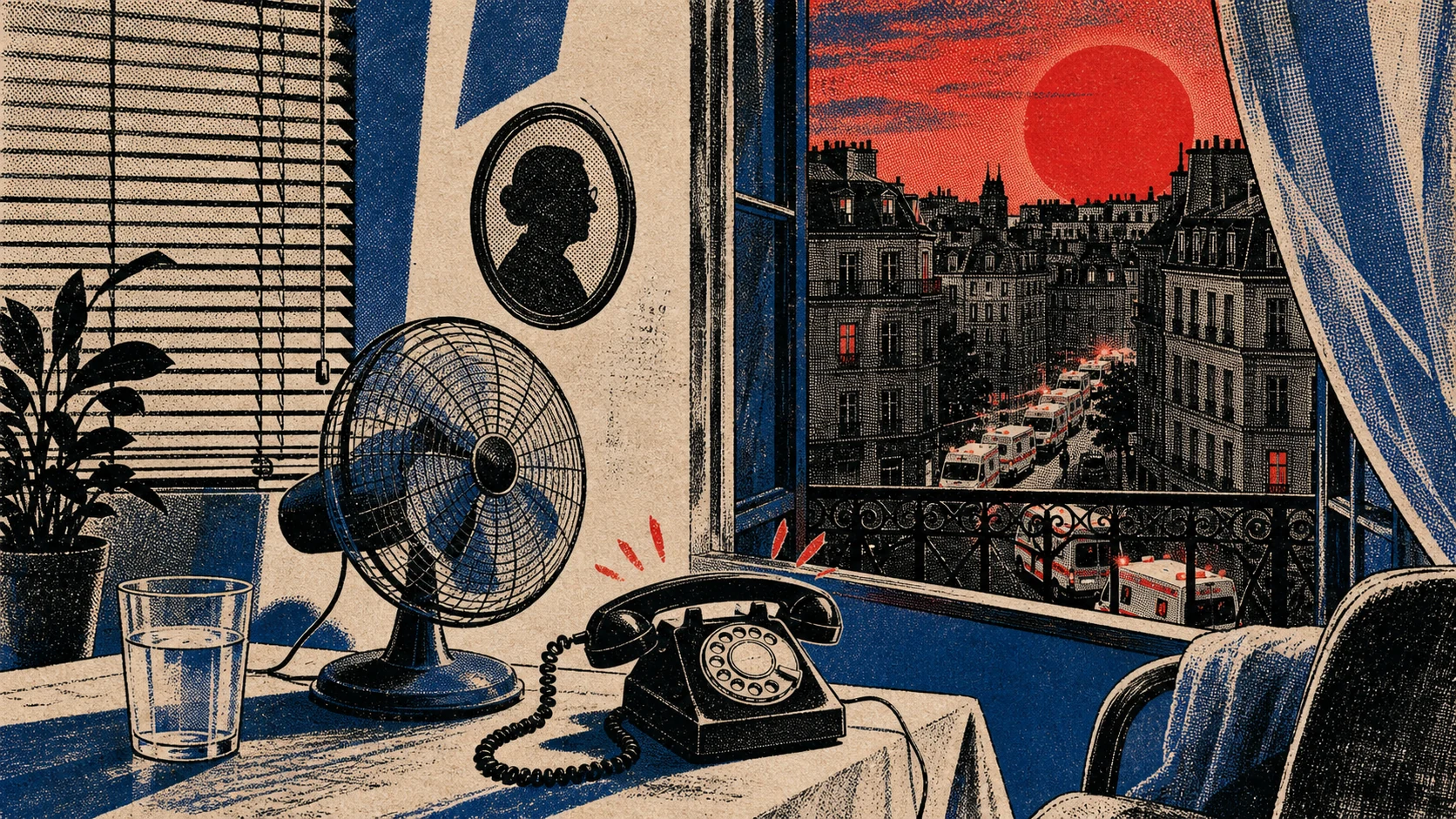 An overheated apartment with closed blinds, water, a fan and a telephone connecting to an older neighbor while ambulances move outside