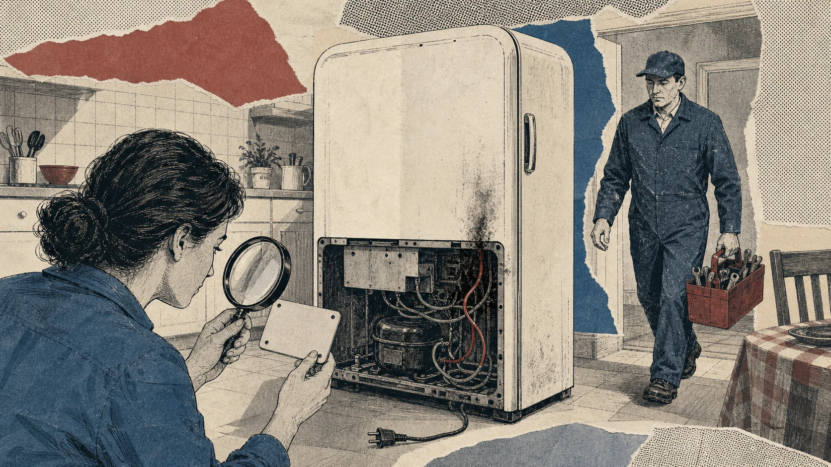 A person checks the model plate on an unplugged retro refrigerator while a technician approaches.