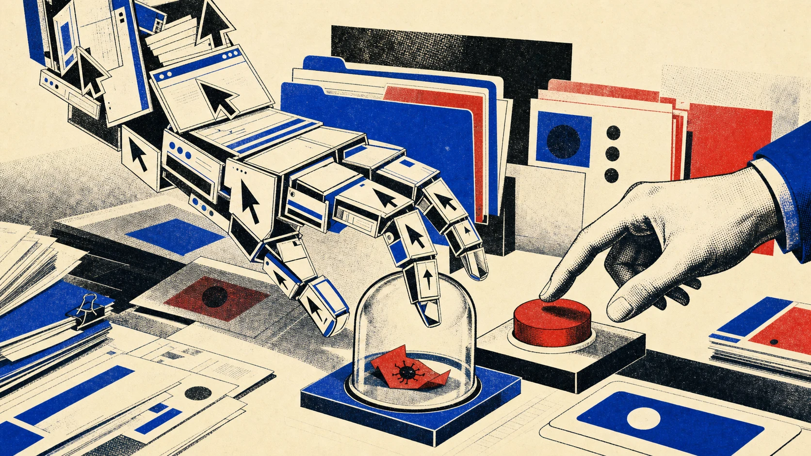 A mechanical cursor hand moving through folders and browser cards while a person controls a large confirmation switch