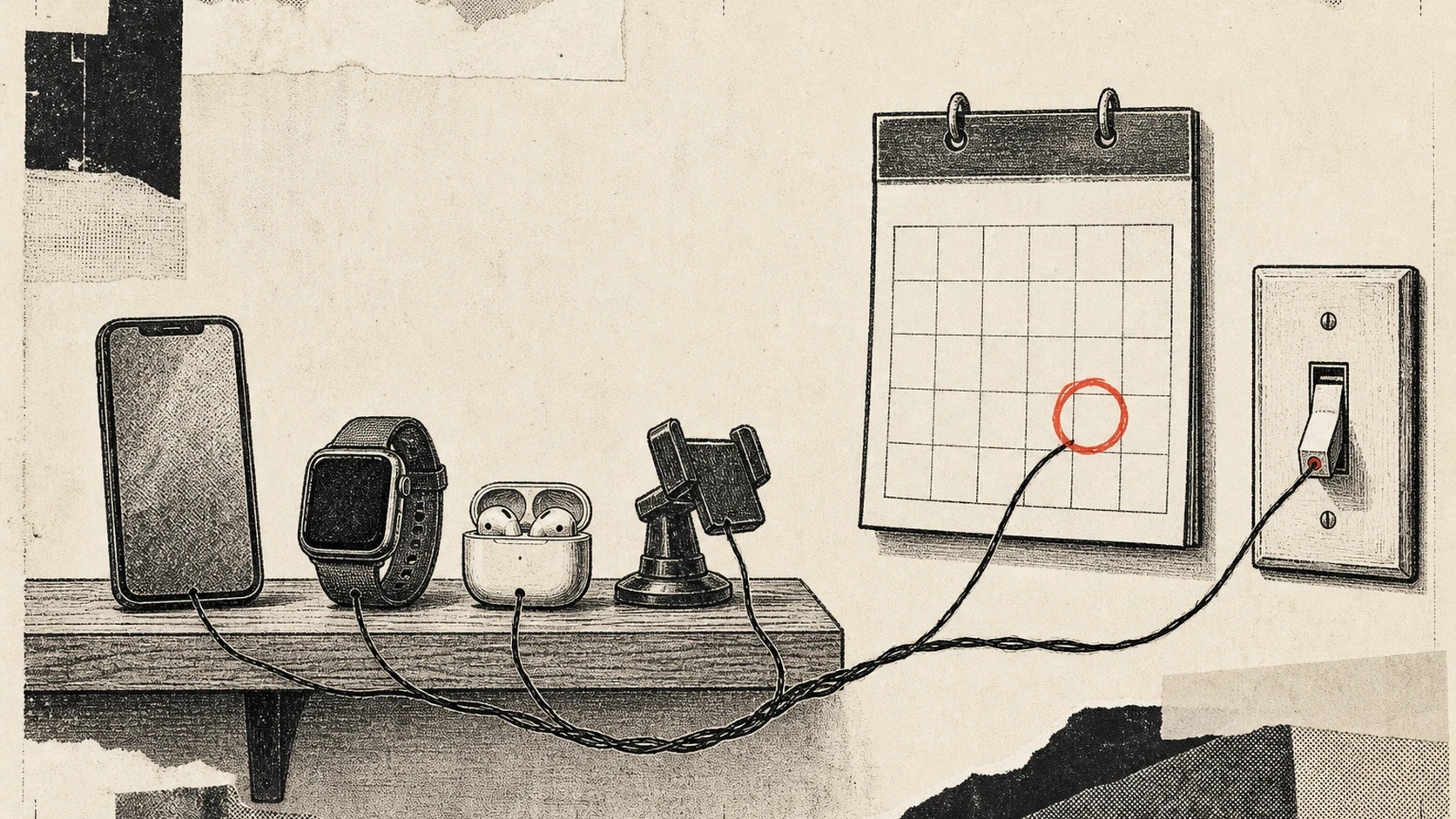 A phone, a smartwatch, wireless earbuds and a car dashboard connected by a single thread, with a calendar page marking one day
