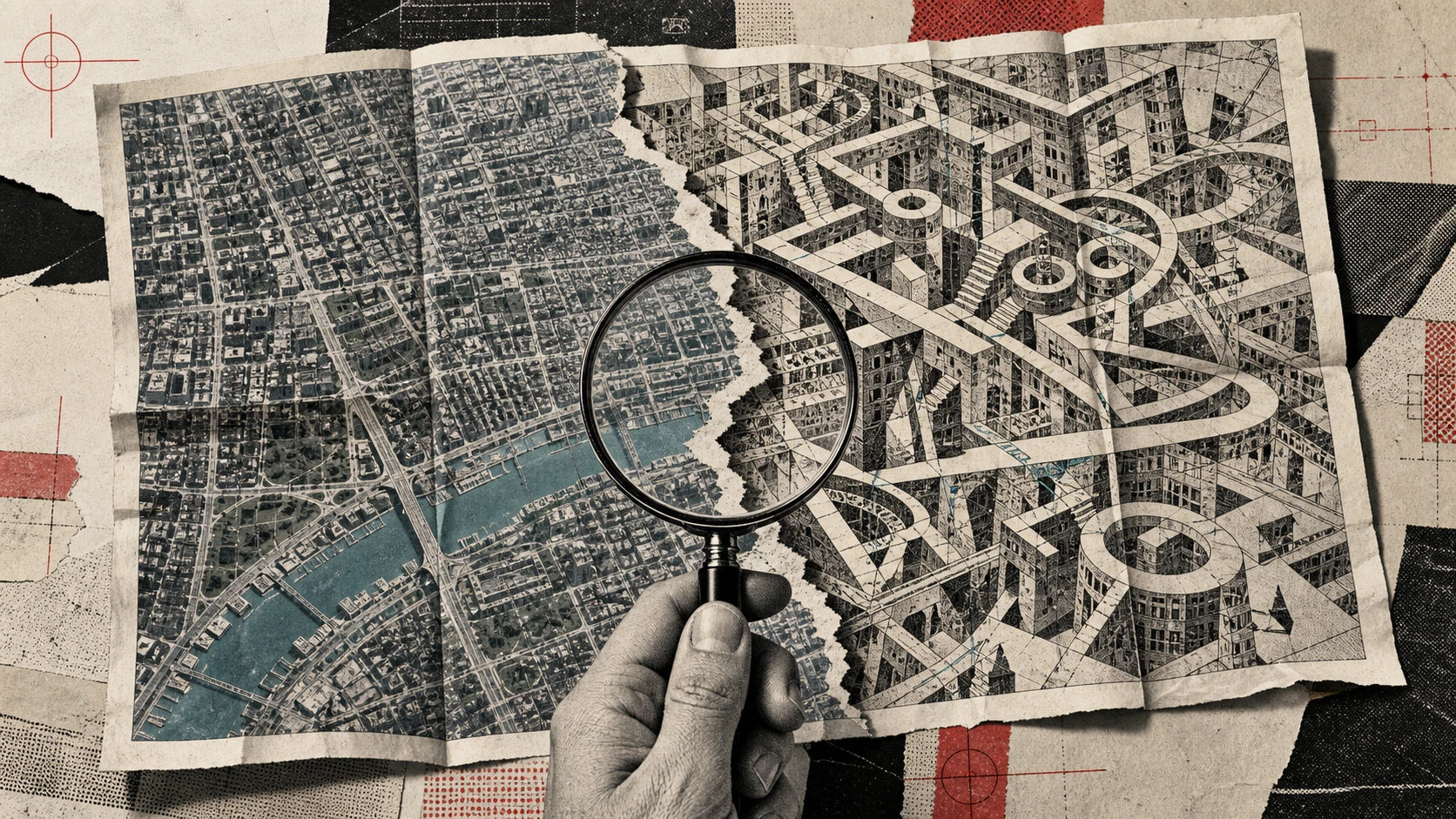 A torn satellite map changes into an impossible city under a magnifying glass.