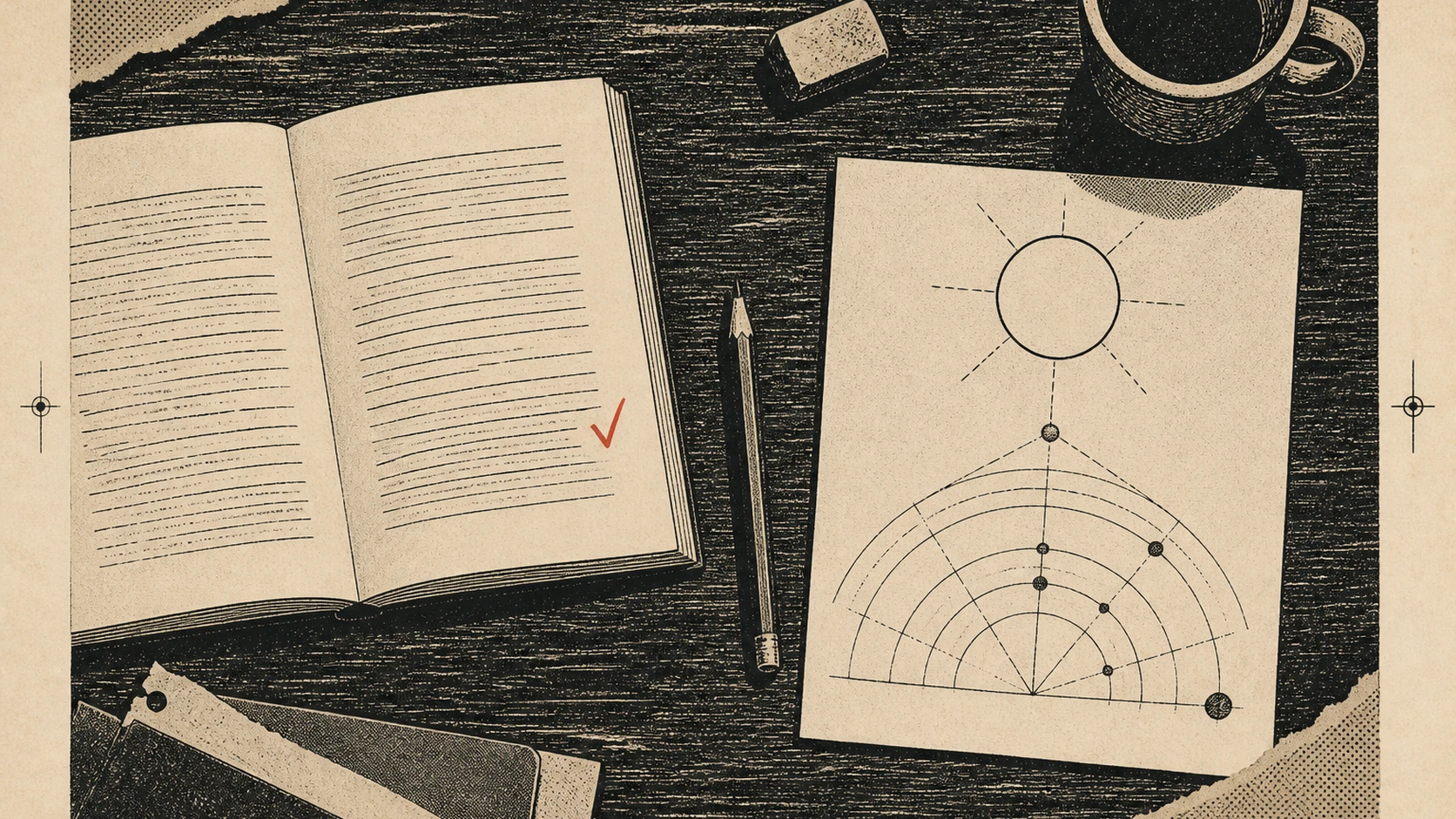 A desk where a textbook page and a generated diagram sit side by side, one with a teacher's correction mark and one without