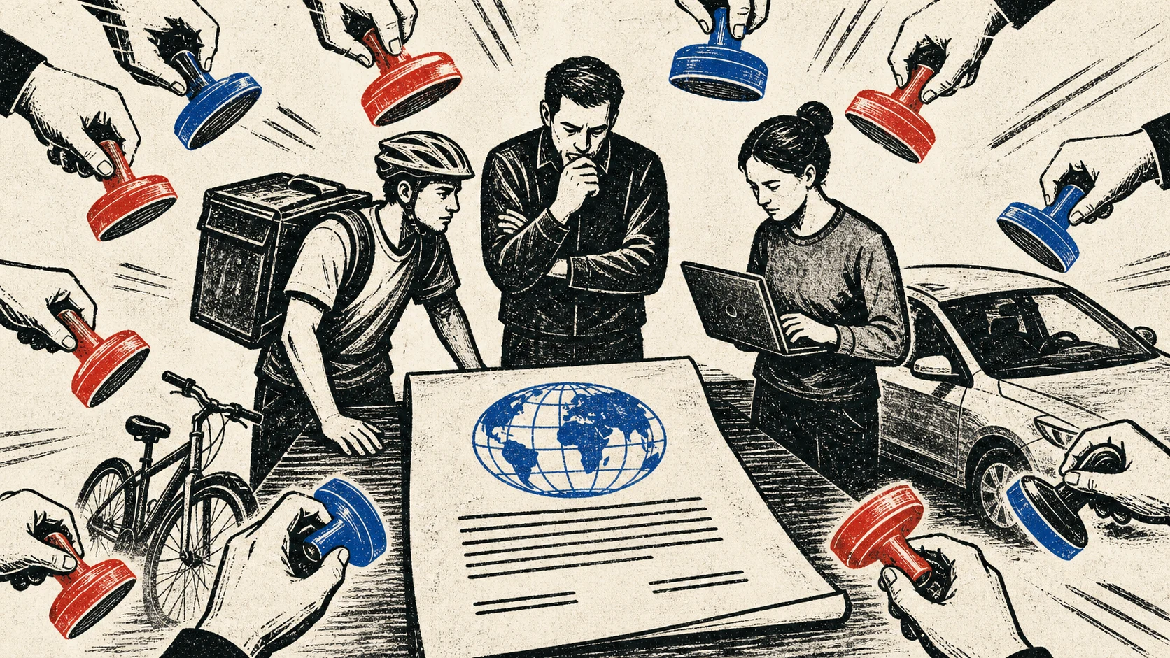 Courier, driver and remote platform worker around an international labor agreement while national approval stamps approach from the edges
