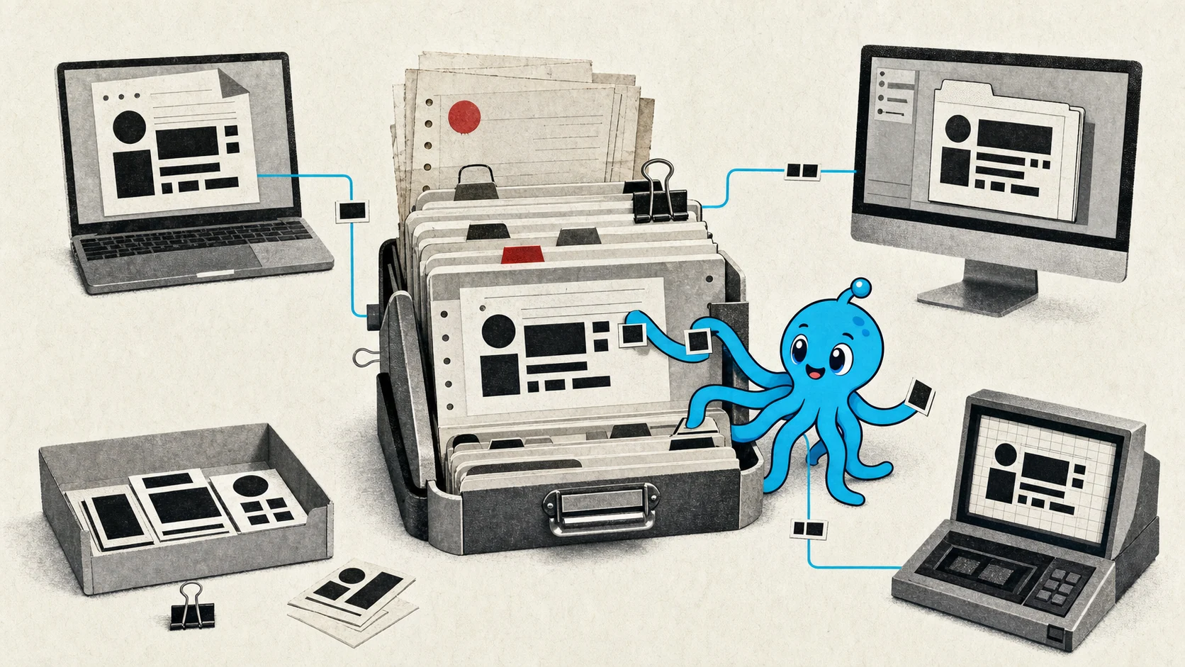 A turquoise octopus at a central card file linking several computers with cyan cables in a newspaper collage