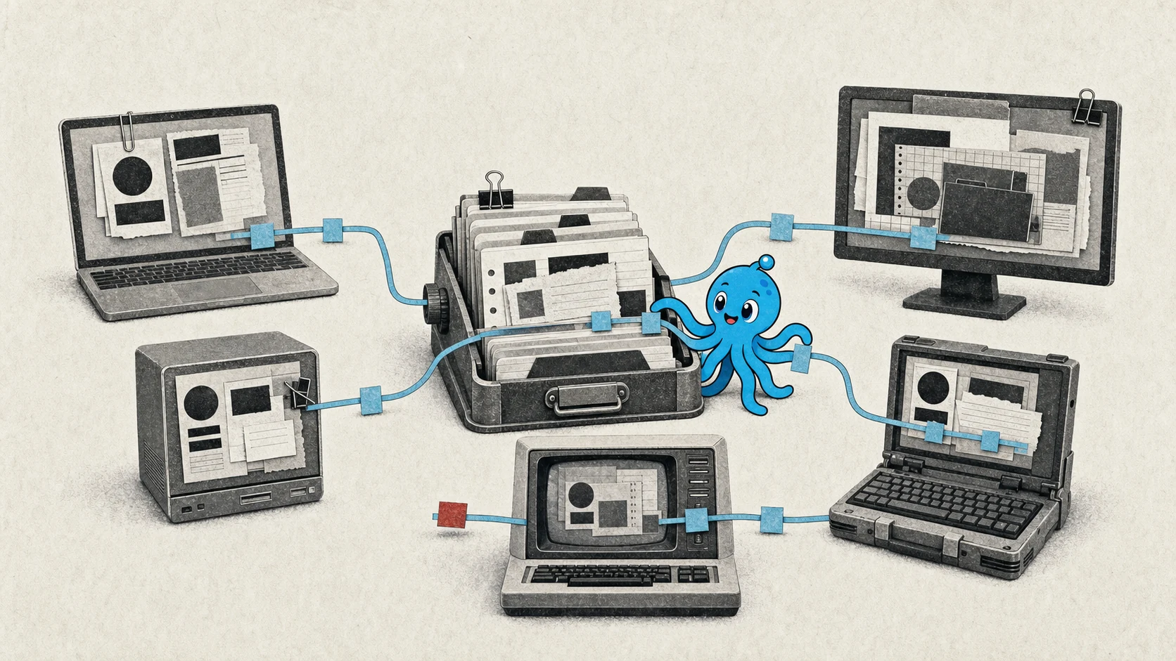 A row of different workstations joined by one thin cyan layer while a turquoise octopus monitors the shared line