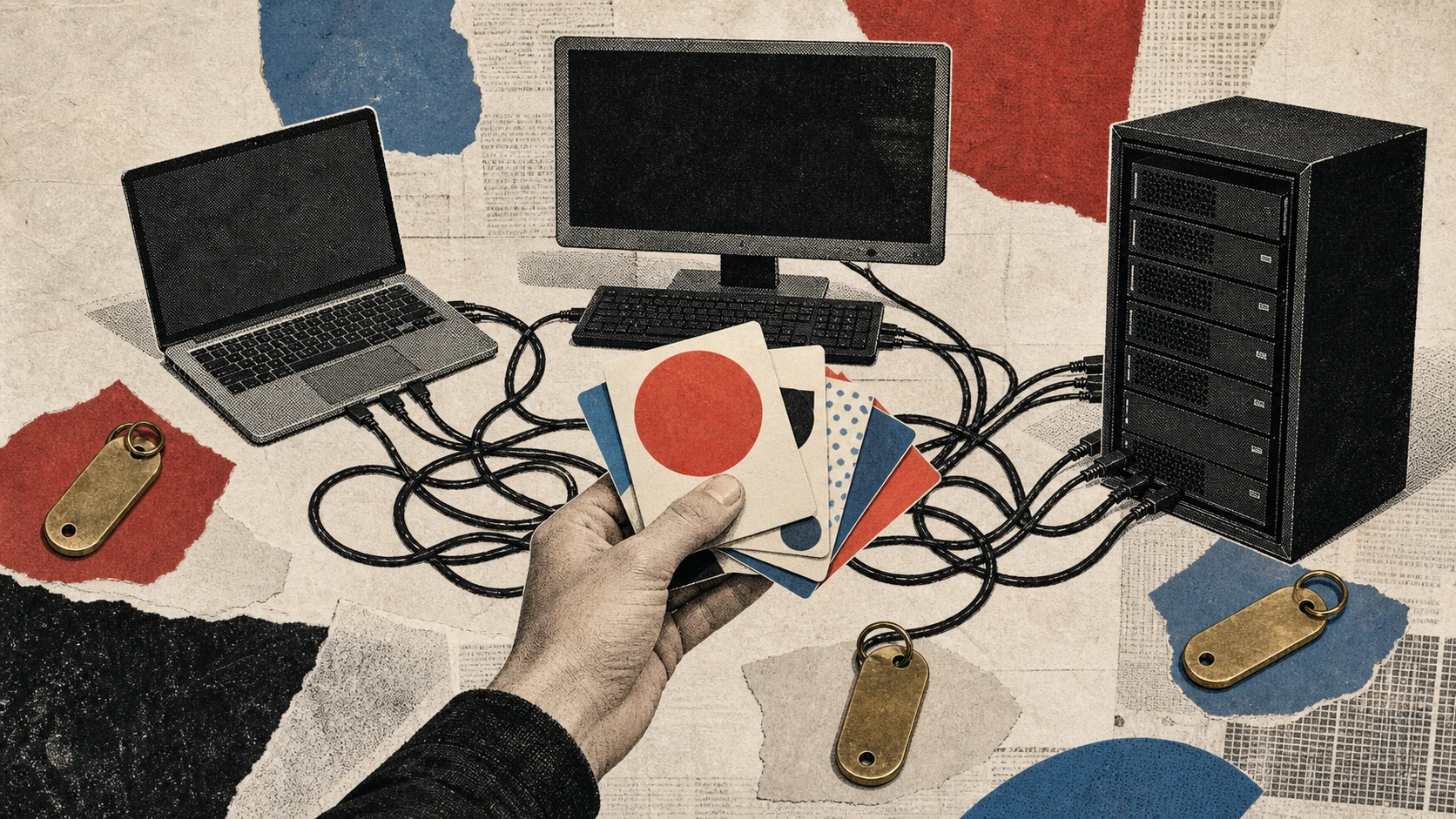 A hand carries blank geometric memory cards between three paper-cut computers while a separate key remains beside each machine.