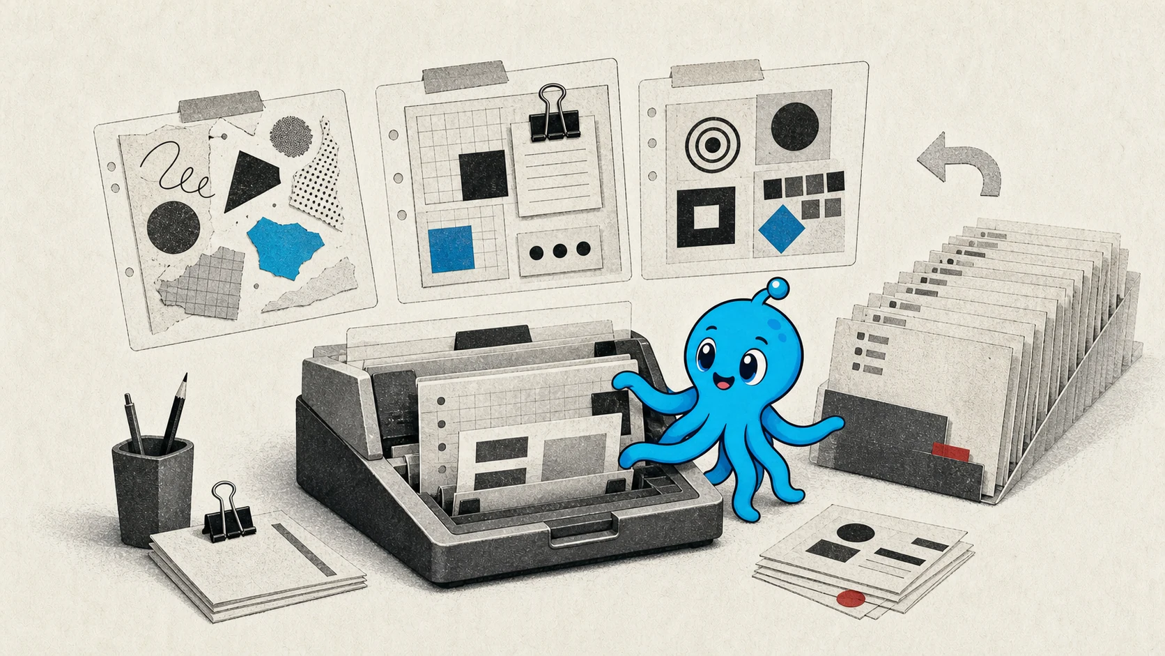 A turquoise octopus selecting one card from layered profile drawers beside an archive clock