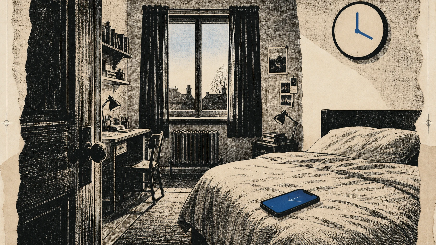 A bedroom at night where a wall clock and a phone screen show the same hour while a window brightens toward morning