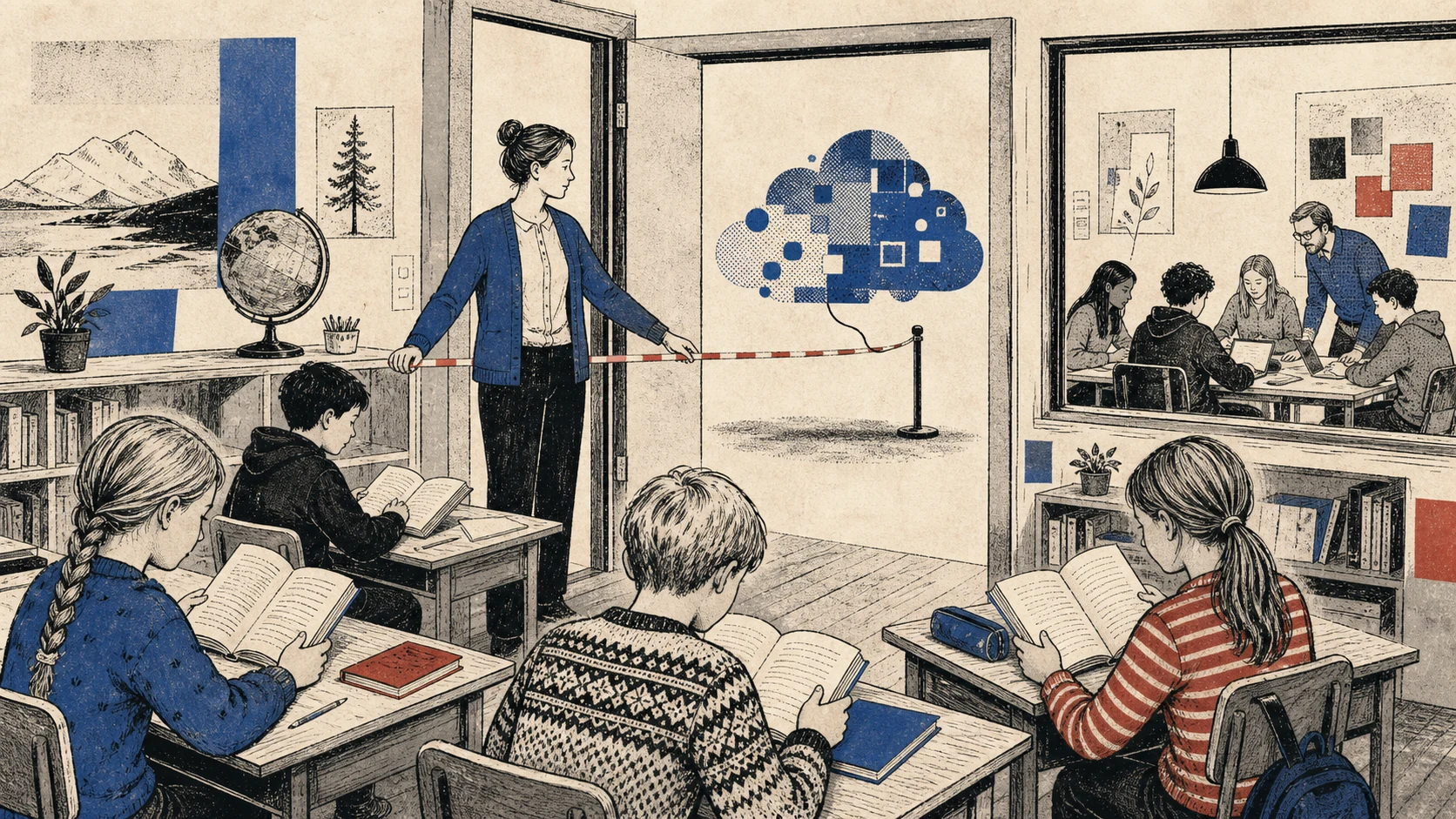 A Norwegian classroom with books returning to desks while an AI cloud waits outside and older students use technology in a supervised room