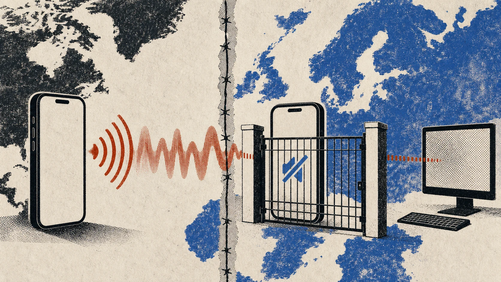 Two phone silhouettes divided by a regulatory gate, with a voice signal reaching only the non-European side while a computer still receives it
