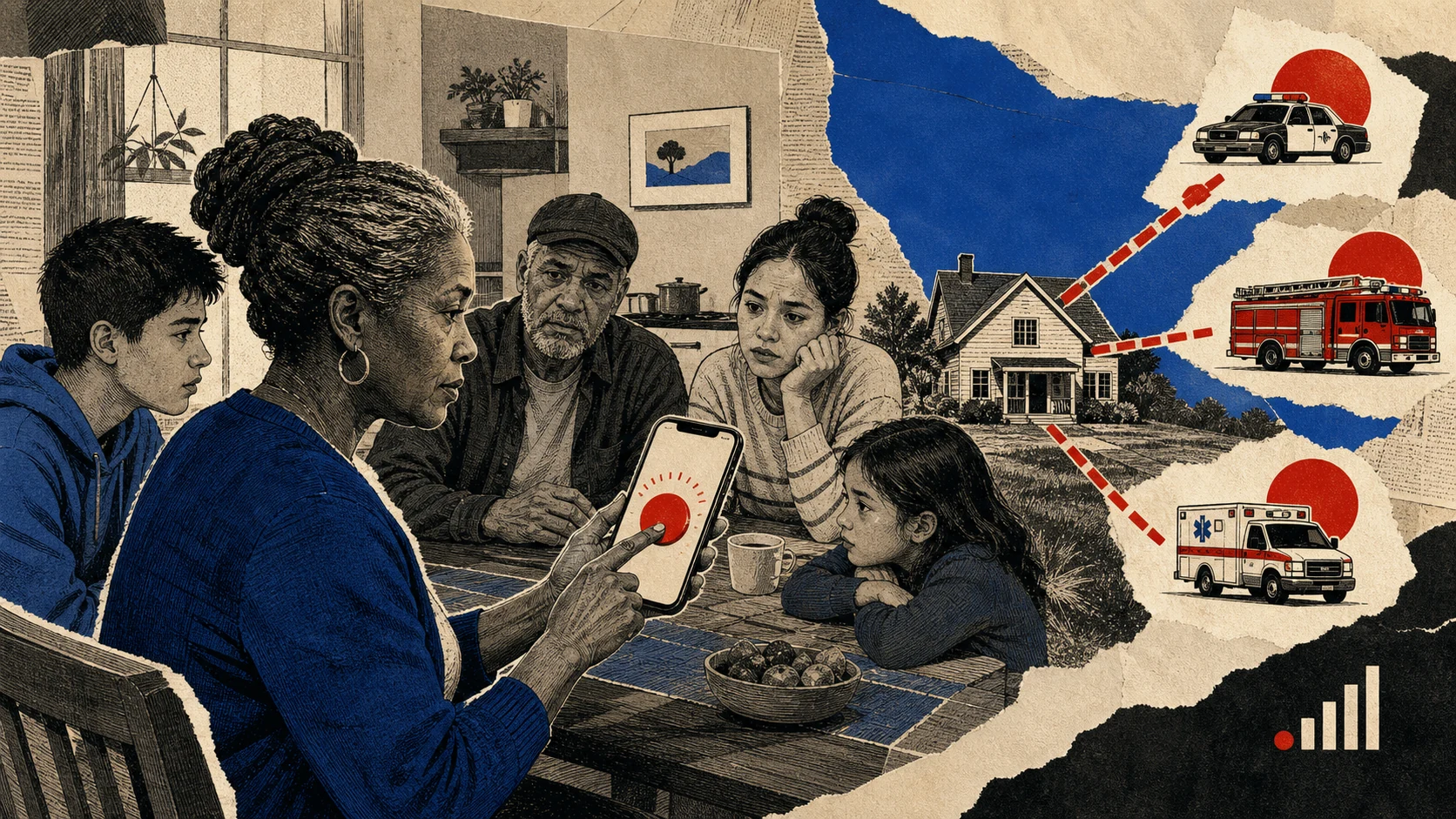 A family at a kitchen table pressing an emergency button on a phone while location lines connect their home to police, fire and medical responders