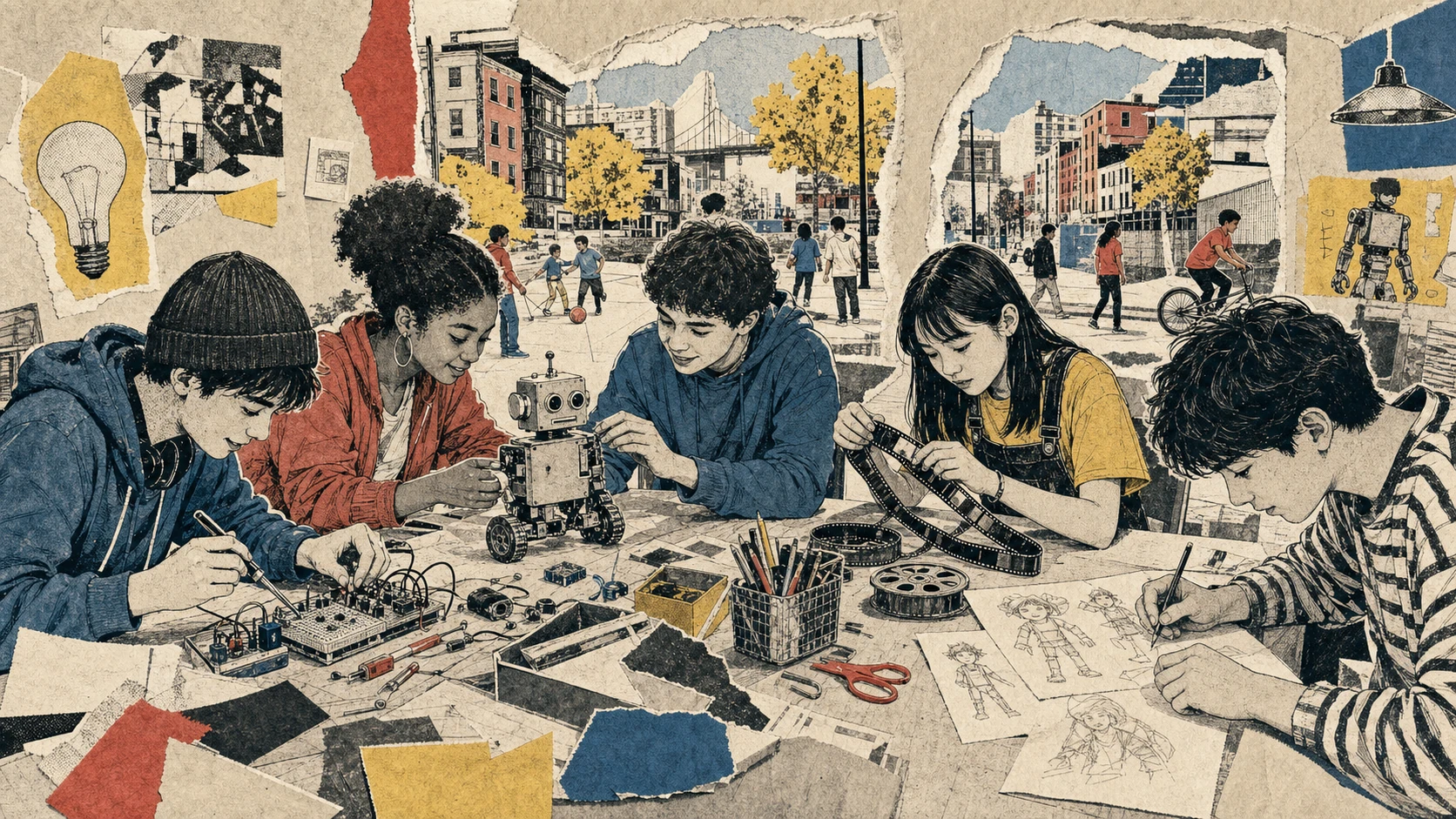 Teenagers build a robot, electronics, film and character designs at a neighborhood workshop table.