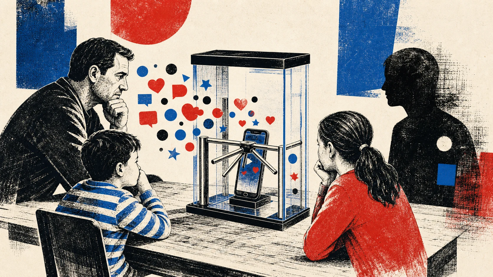 A teenager's phone inside a transparent age-check gate at a family kitchen table, with privacy and safety concerns on either side