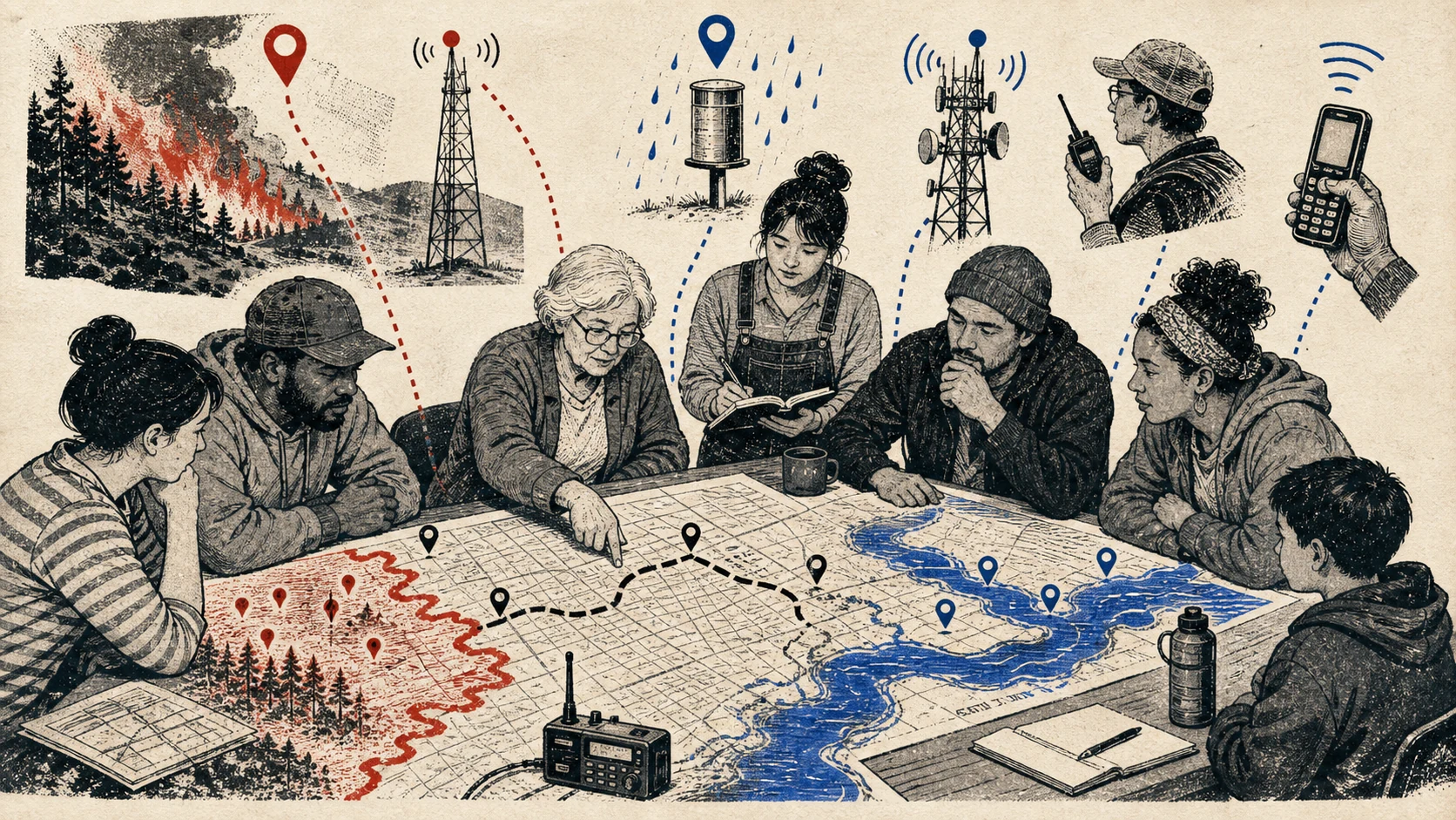 A community emergency map combining wildfire and flood information from radio towers, rain gauges and phones while residents choose a safe road