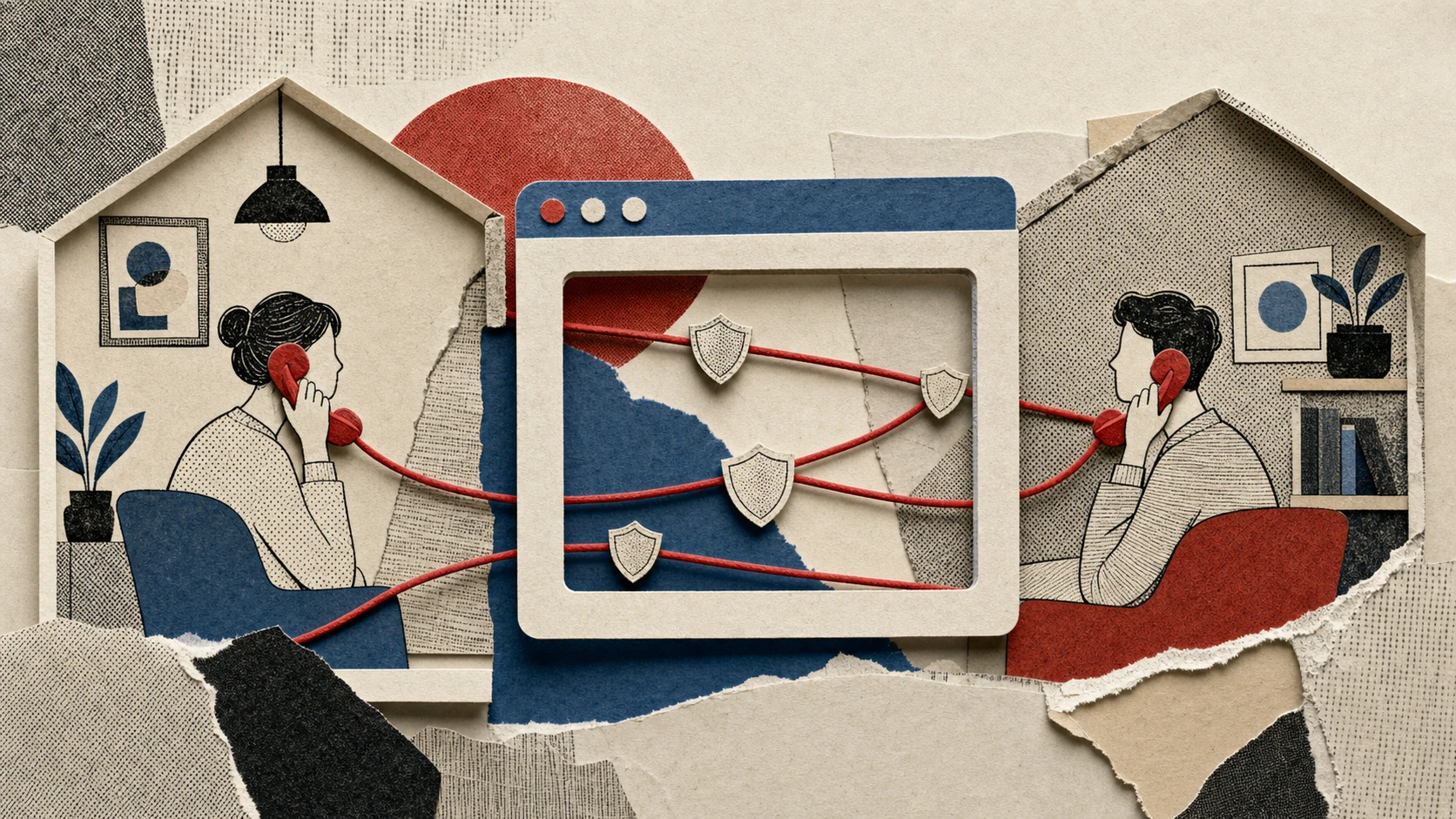 Two people talk through a browser-shaped paper frame connected by protected red phone lines.