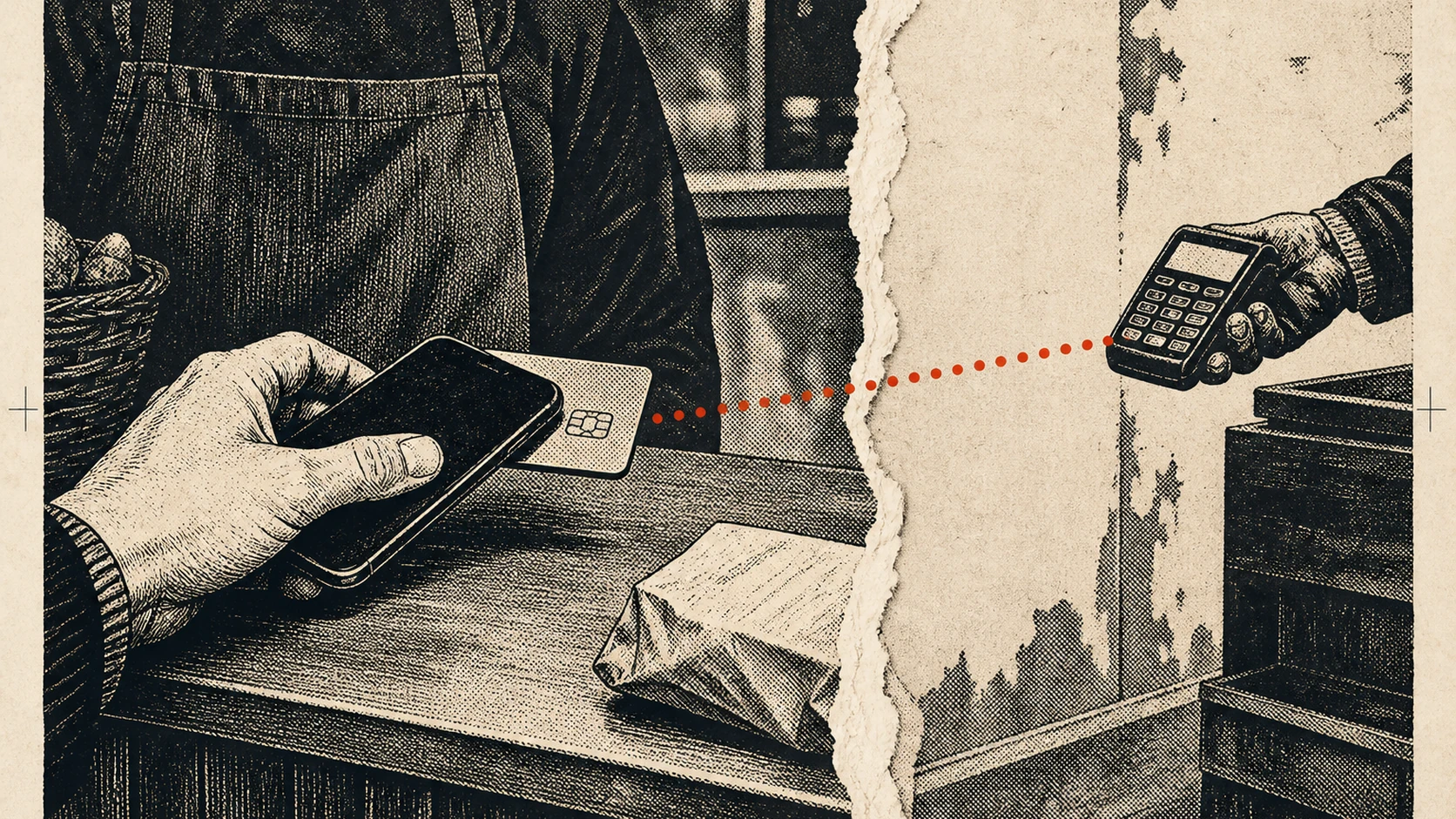 A phone held against a bank card while an invisible line runs from it to a distant payment terminal and a stranger's hand
